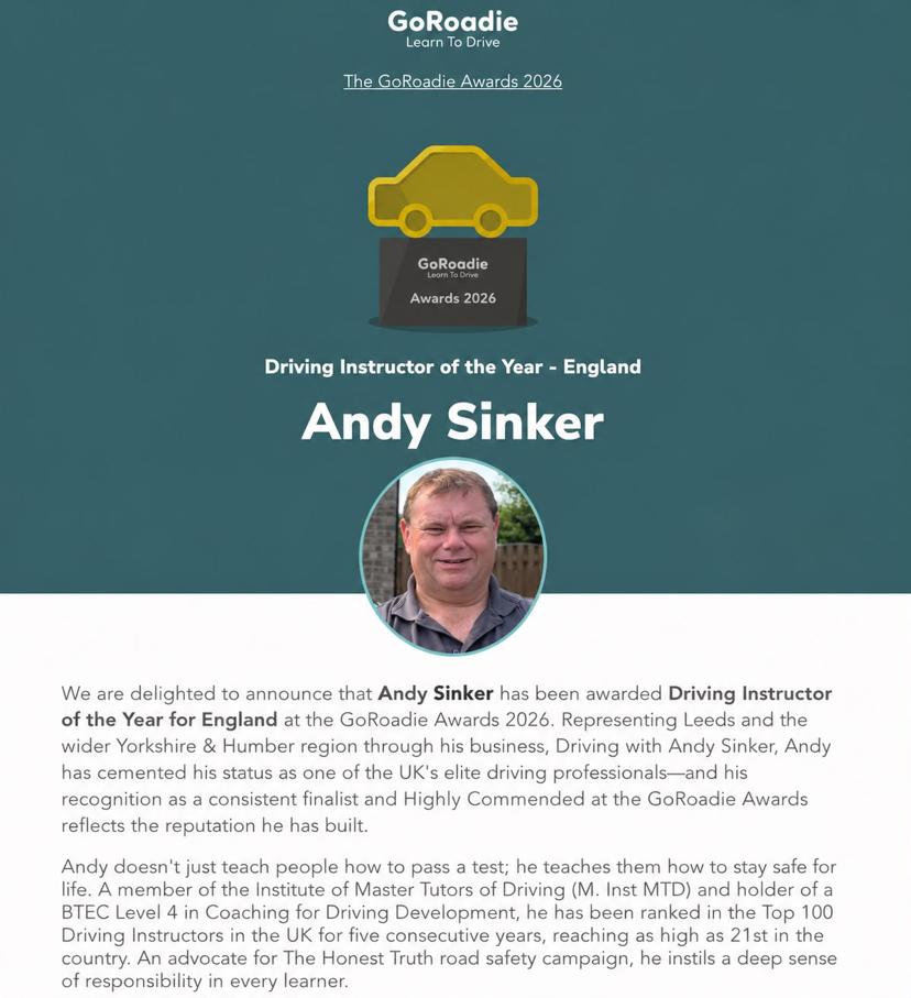 GoRoadie Awards 2026 — Driving Instructor of the Year England — Andy Sinker